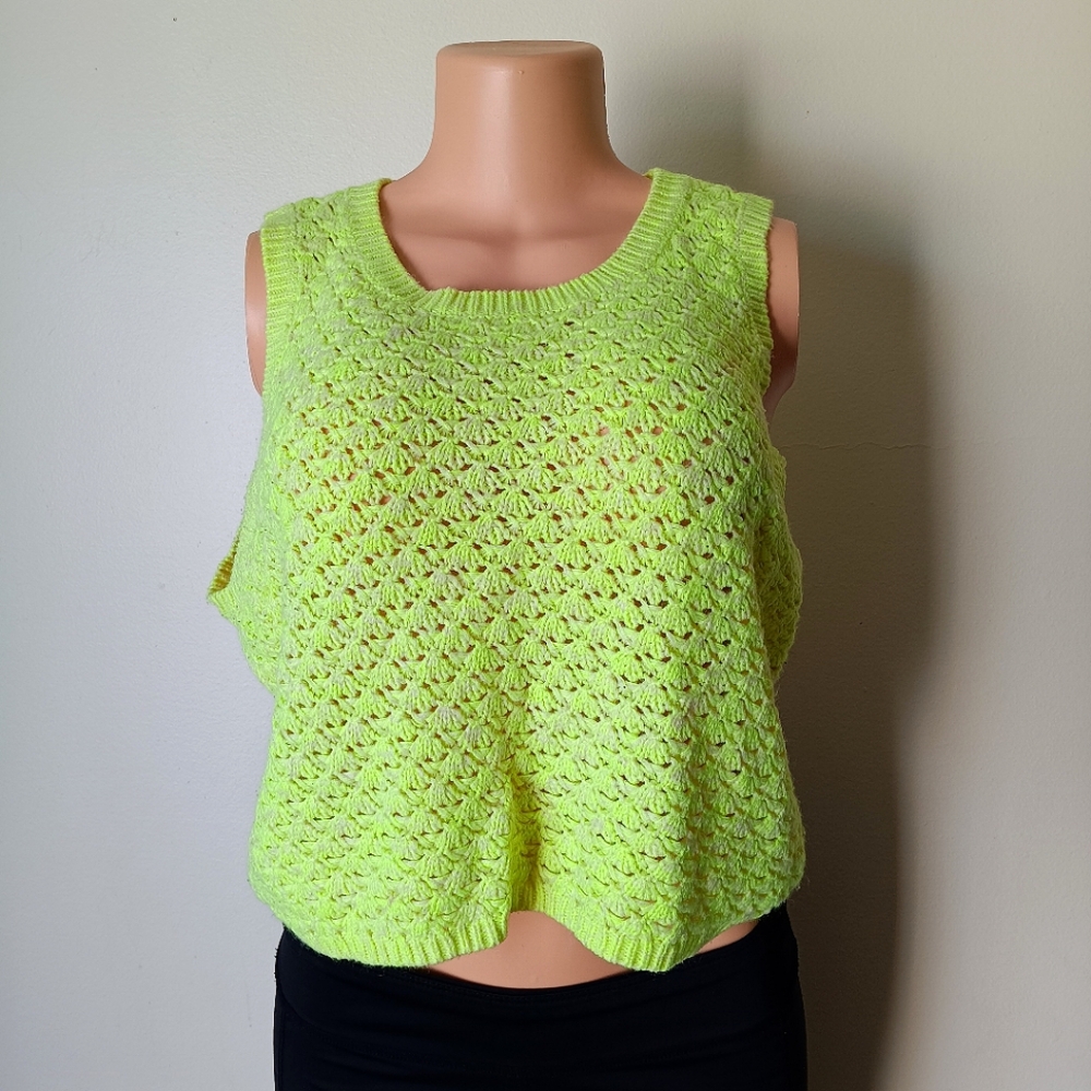 Forever 21 Neon Yellow Cropped Knitted Crochet Tank Top Acrylic Sweater Womens